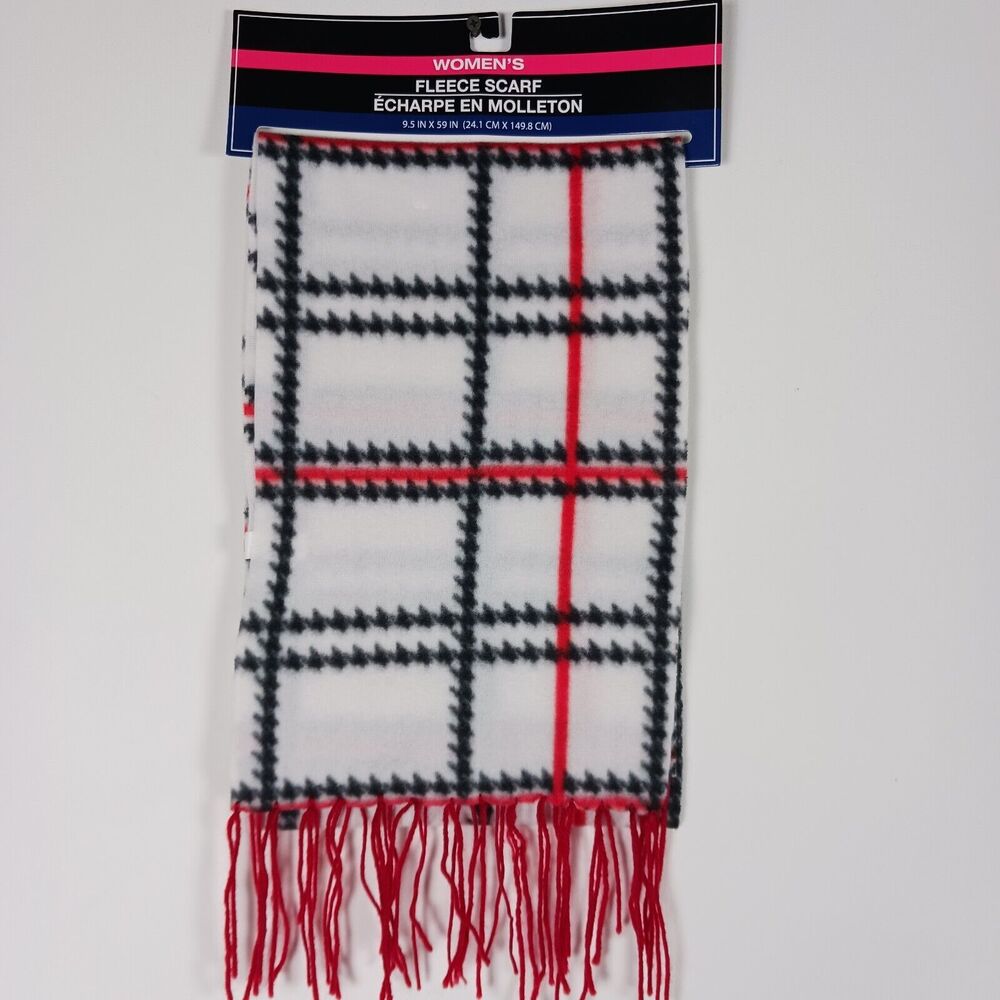 Women's Plaid Fleece Scarf - New White Black Red - Picture 1 of 6